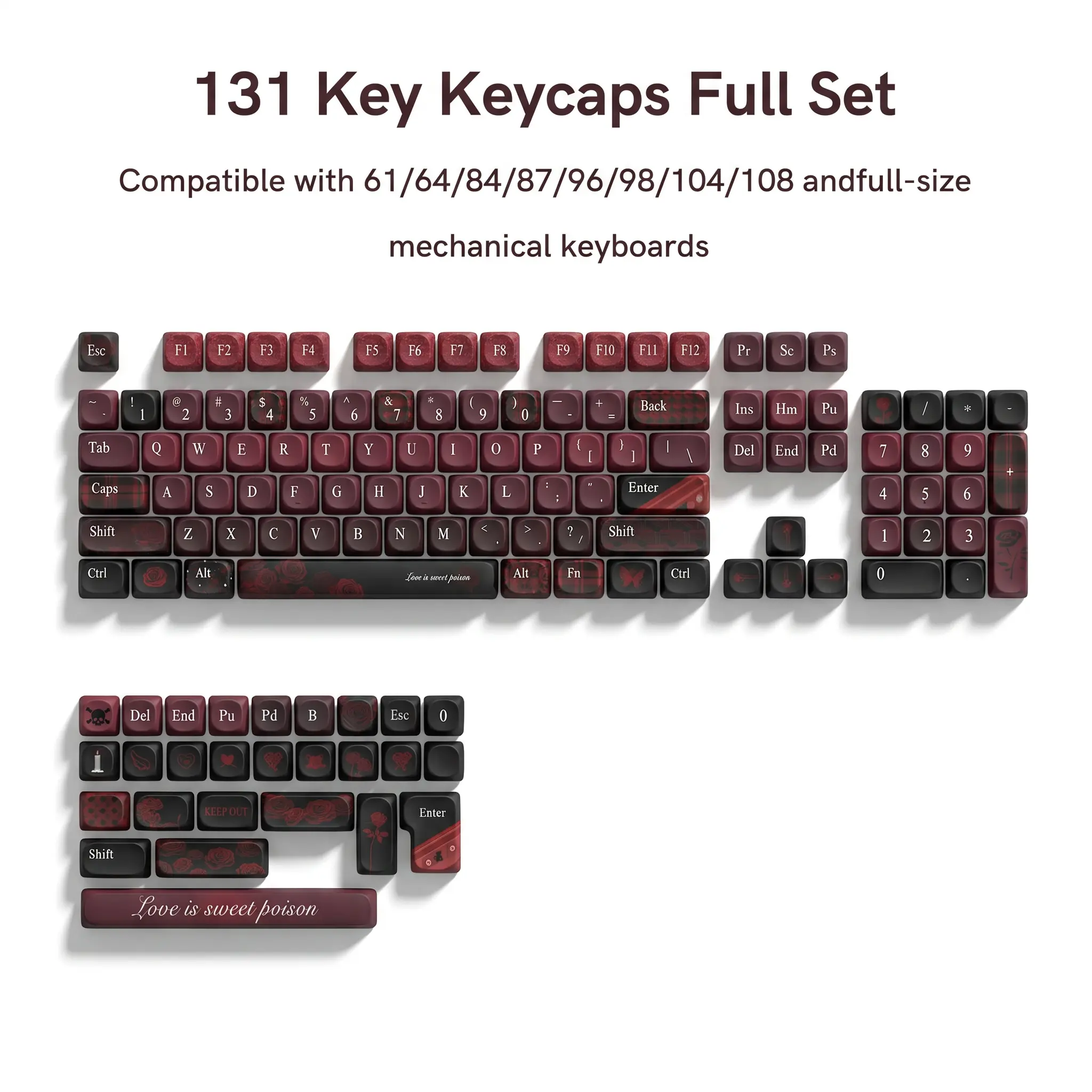 Womier Full Set PBT Plastic Keycaps - Dye-Sub Print, Durable Construction, Long-Lasting Legends, MOA Profile Rose Art, Fading Resistant Gaming Keyboard Accessories for Cherry MX-Style Switch US Layout Mechanical Keyboards