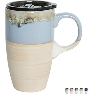 Ceramic Travel Coffee Mug with Handle and Lid, 18 oz, Portable Coffee Cup for  Cup Holder, Microwave and Dishwasher Safe, Reactive Glaze (Light Blue)