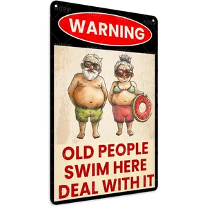 Vintage Beach Sign - Old People Swim Here Deal With It Metal Tin Signs Swimming Plaque Poster Swimming Pool Accessories Beach Themed Room Decor 12x16 Inch
