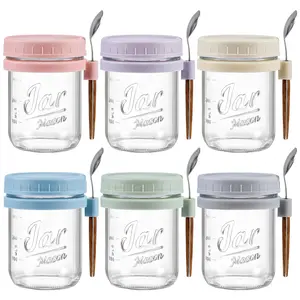 6 Pack Overnight Oats Containers with Lids and Spoons, 16 oz Glass Mason Overnight Oats Jars, Large Capacity Airtight Jars for Milk, Cereal, Fruit Birthday Breakfast