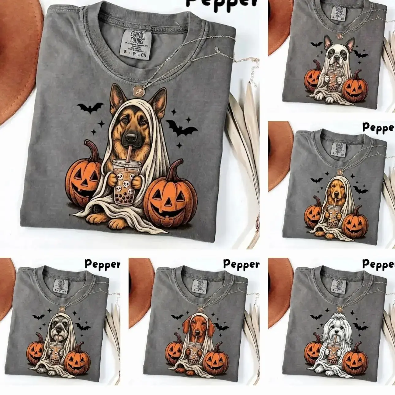 Comfort Colors Ghost Boba Tea Dog Shirt, 50+ Dog Breeds Available, Funny Halloween Dog Tee, Choose Your Dog Breed Shirt, Cute Spooky Season Shirt, Dog Lover Gift