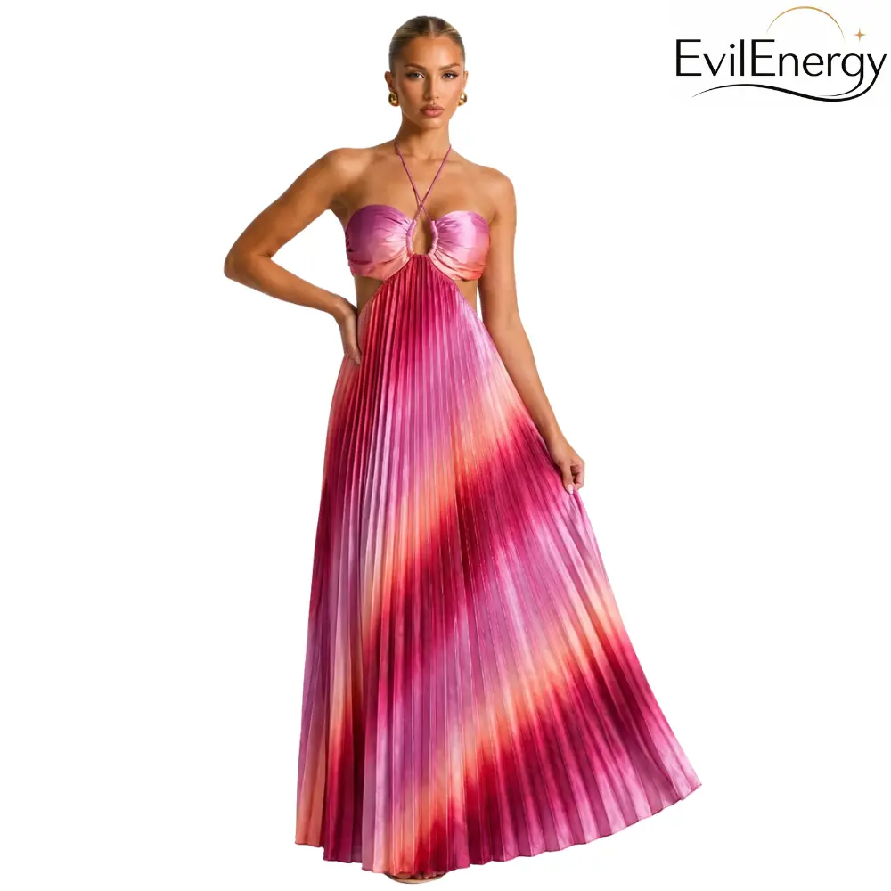 Women’s Pink Ombre Pleated Satin Maxi Dress, Halter Neck Cutout Backless Tie-Back Formal Wedding Guest Dress, Vacation & Party Wedding Attire Formal Wear