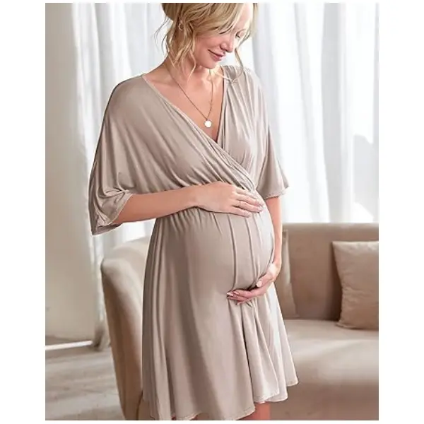 Ekouaer Women's 3-in-1 V-Neck Short Sleeve Rayon Maternity Gown - Skin-Friendly, Super Stretchy, Belly Care, Bump Friendly Fashion for Labor/Delivery, Breastfeeding Journey (S-XXL), Pregnancy, Maternity Clothing, Waist Expands