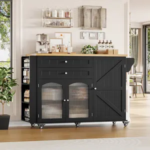 FOTOSOK 43.3" W Kitchen Island with 2 Drawers, Rolling Kitchen Island on Wheels with Wood Drop Leaf Countertop, Kitchen Cart with Spice Towel Rack