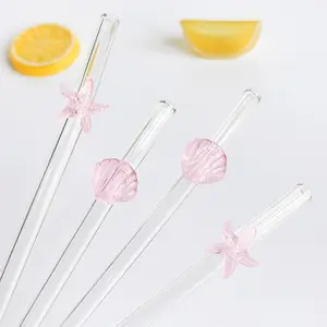 Reusable Glass Straws Set, Straw Combo, Ocean Series Starfish & Shell Design, Heat Resistant, Includes Cleaning Brush, Perfect for Parties & Gifts, Drinking Straw