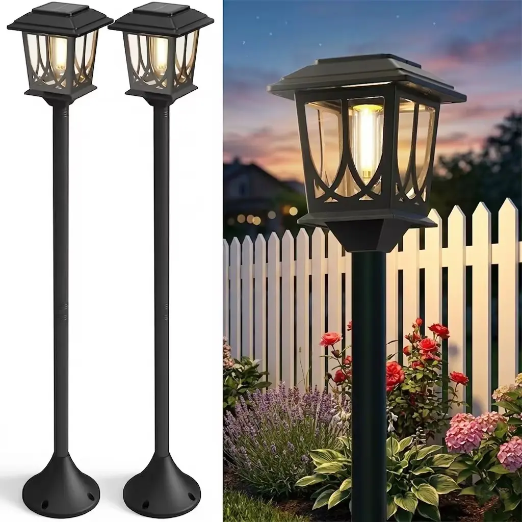 DERAYSION  2 Pack Solar Lamp Post Lights Outdoor, DIY Adjustable Height (7"/23.6"/40") Solar Pathway Lights, IP65 Waterproof Dusk to Dawn Solar Street Lights with Edison LED Bulb for Yard, Patio, Pathway, Driveway Decor