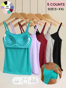 Women's Spring Summer 2-In-1 Bra Cup Tank Top, Adjustable Straps, Fresh&Comfortable Plain Inner Layer, Sleeveless Fitted Soft Casual Vest, Home&Sleep