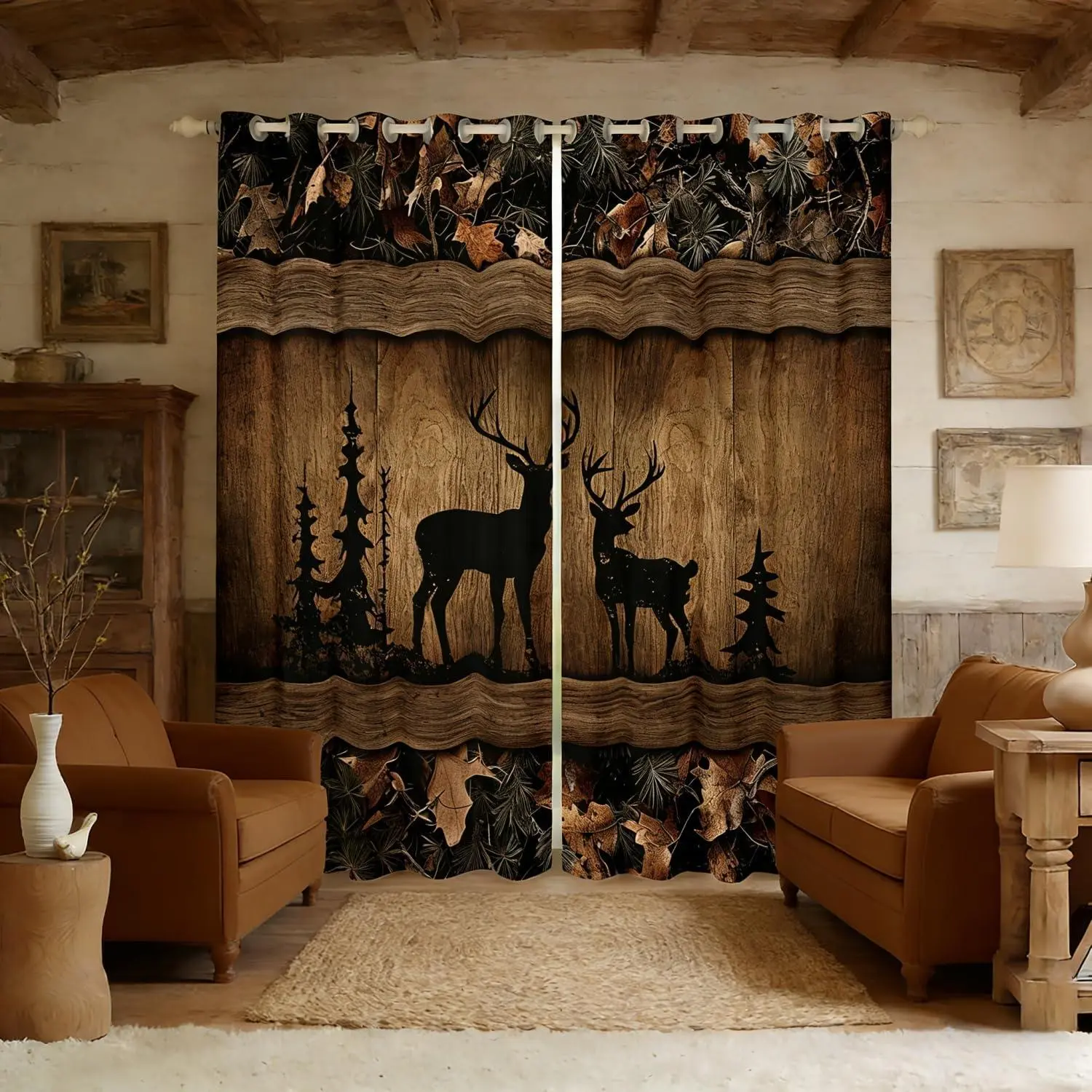 Rustic Cabin Window Curtains Camo Hunting Deer Blackout Curtains Farmhouse Woodland Animal Drapes Men,Tree Camouflage Wildlife Window Treatments 2 Panels