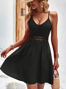 Lace Insert Cami Dress - Sleeveless Spaghetti Strap Casual Summer Beach Dress in Teal Blue with Contrast Lace and High Waist Design for Beach Day - Fabric