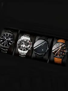 4-piece men's business blue light glass steel strip three eye quartz watch set