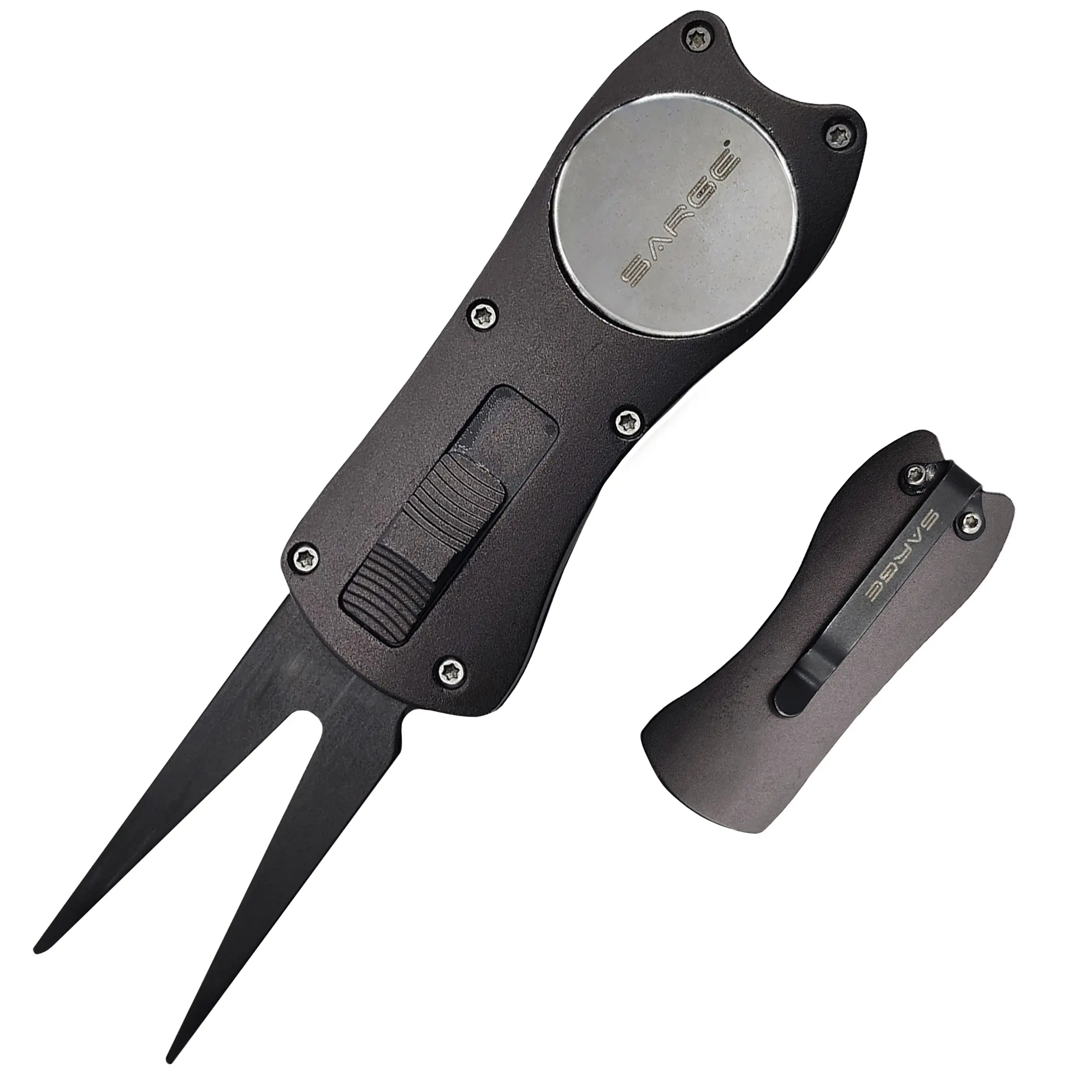 Eagle Compact Green Divot Repair Tool - Stainless Steel Golf Equipment with Pocket Clip, Auto Opening, Slide Lock Safe, Essential On-Course Golf Accessory, Adults, Anodized Aluminum, Golf Supply, Golf Accessories
