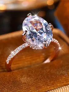 Luxurious women's large oval-shaped zirconium oxide engagement ring, stylish pink-gold design, bride's wedding jewelry, gift for a woman on her wedding day, Fashion engagement rings