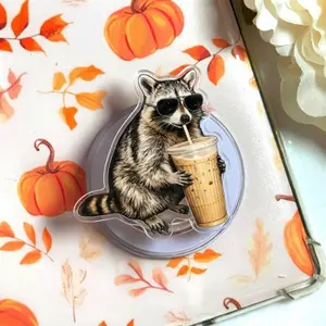 Funny Raccoon Drinking Iced Coffee Magnetic Phone Grip Aesthetic Animal Meme Magsafe Kickstand, Cute Gift For Caffeine Lovers