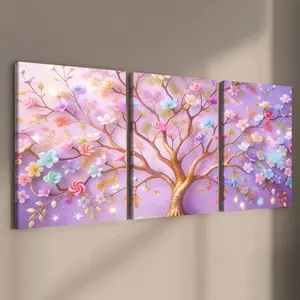 3-count wooden frame canvas, pink and purple gradient life tree art poster, fashionable living room decoration art, modern family poster, Modern Floral Paintings, suitable for corridor, office, room and bedroom decoration, waterproof printing