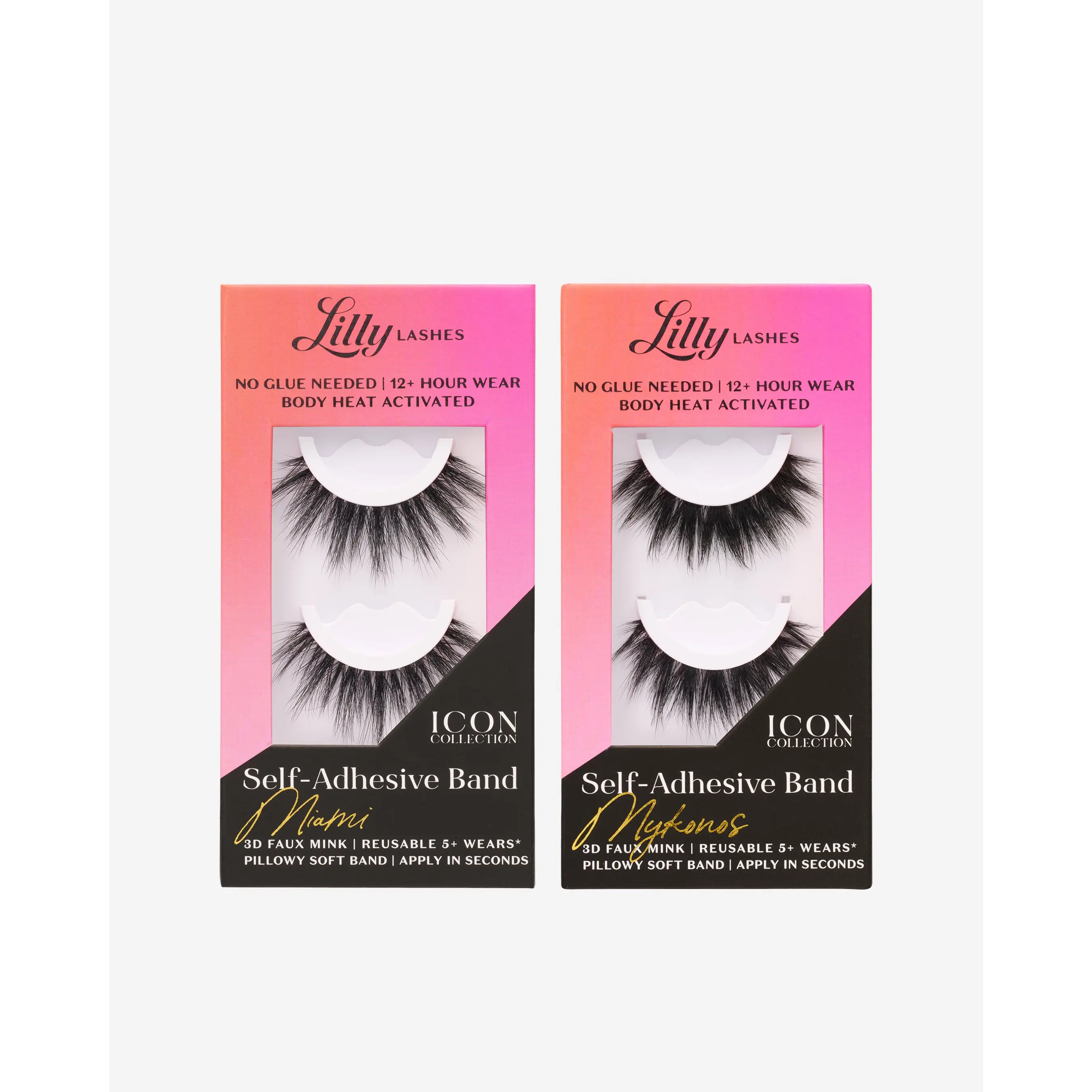 Self-Adhesive Eyelashes Miami & Mykonos Icon Bundle | Lilly Lashes 3D Faux Mink | No Glue Needed, Body Heat Activated