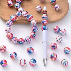 20pcs Of 16mm Acrylic Loose Spaced Bead Print With American Flag Pattern Circular Beads For Fashion Handmade Jewelry Making DIY Bead Pens, Phone Chains, Necklaces, Bracelets, Keychains, Earrings Accessories, Materials, Decorative Gifts