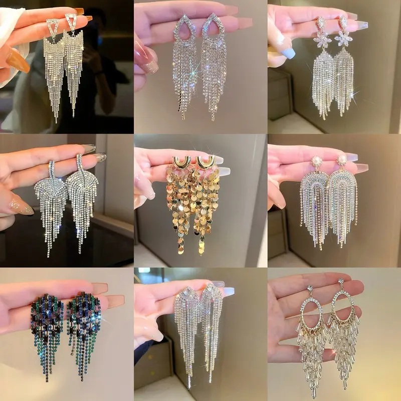Women's High-Grade Elegant Large Rhinestone Long Tassel Earrings - Euro-American Fashion, Bedazzling Glitter, Formal Evening Costume Jewelry, Bedazzling Glitter Earrings, Formal Evening Earrings