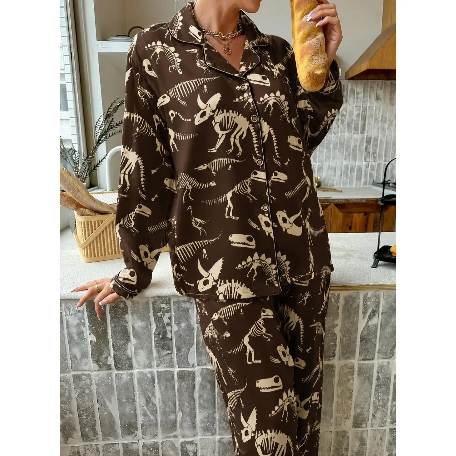 Fluffy Dinosaur Skeleton Pajamas Set, Dinosaur Skeleton Pajama Set, Satin PJs, Women's Halloween Loungewear, Dino Bone Sleepwear Gift