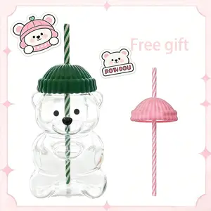Viral Bear Shaped Glass Cup, Nostalgia oliday Collection Drinking Jar with Striped Straw and Beanie-Style Lid for Valentine’s Day