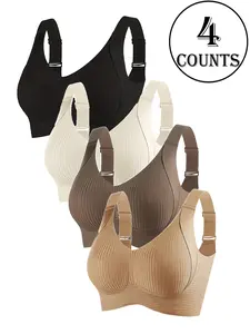 4 Pack Seamless Wireless Bras for Women, Full Coverage, Medium Support, Adjustable Straps, Plain Ribbed Design, Ideal for Daily Wear Underwear, Wirefree Bra