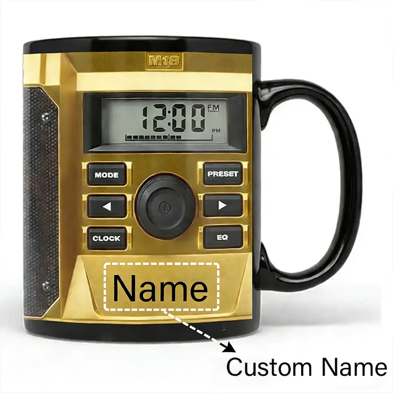1pc 11oz Customized Name Golden Radio-Themed Mug with a 2D Design, Personalized Name Design, Coffee & Tea Cup, Elegant Golden Finish Cup for Home, Office, Party - (Birthday/Valentine's Day)
