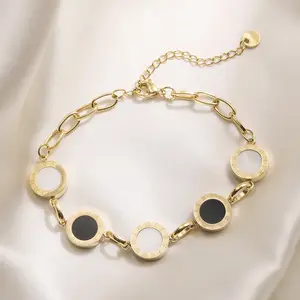 Stainless Steel Black And White Fritillaria Roman Round Plate Elegant And Charming Golden Gril Bracelet Evening Jewelry