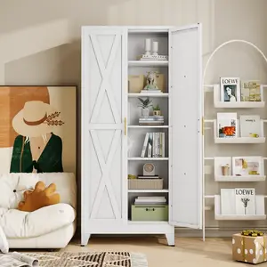 75" Tall Kitchen Pantry Cabinet, Metal Storage Cabinet with 2 Doors and 5 Adjustable Shelves, White Food Pantry Cupboard for Kitchen, Dining Room, Living Room and Bathroom