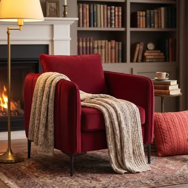 Modern Velvet Fabric Accent Chair - Single Seat Comfy Armchair with Armrests, Bold Arms, Plush Cushions, 1 Pillow, Stable Metal Legs, 35" High, Fully Assembled - Living Room, Bedroom, Office Use