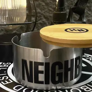 NEIGHBORHOOD Stainless Steel Ashtray with Bamboo Lid, NH Logo Windproof Cigarette Ash Holder for Indoor & Outdoor