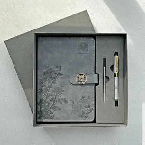 Chinsikol Notebook Journal Gift Set with Metal Signature Pen and Replacement Refills, Elegant Chrysanthemum Print, Perfect for Office and Study