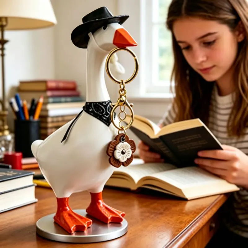 7-Inch Cute Durable Resin Magnetic Goose Figurine with Stylish Hat - Decorative Home Shelf Ornament, Room Accent, Figurines & Miniatures, Creative Gift for Bookworms (Birthday, Moving House)