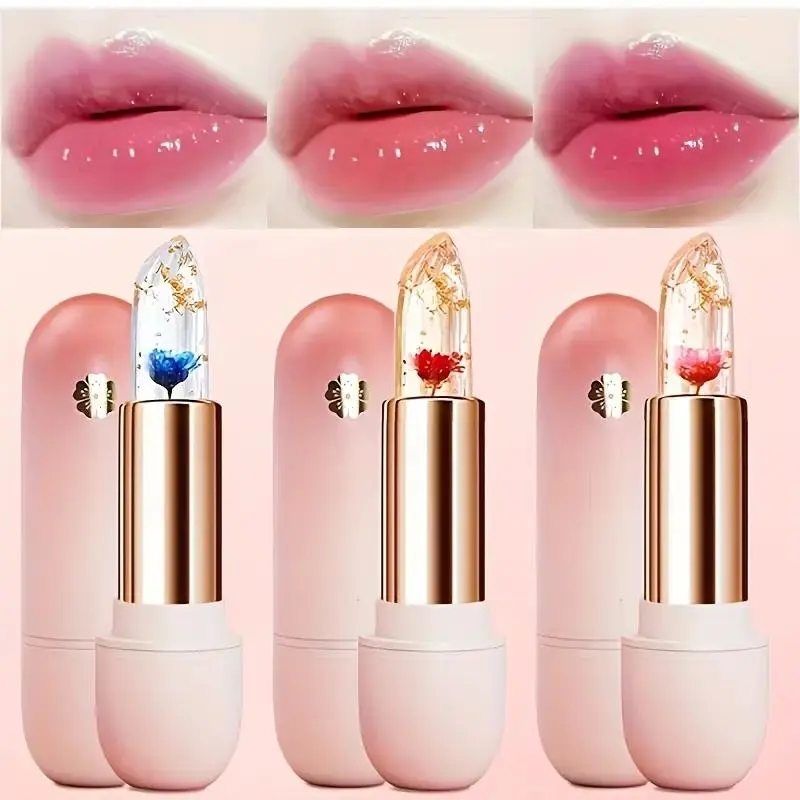 3PCS Color Changing Lipstick Set Transparent Flower Lipstick Moisturizing Lip Tint Long Lasting Lip Color Glossy Lip Makeup Set Holiday Gift For Girlfriend Mom Friend