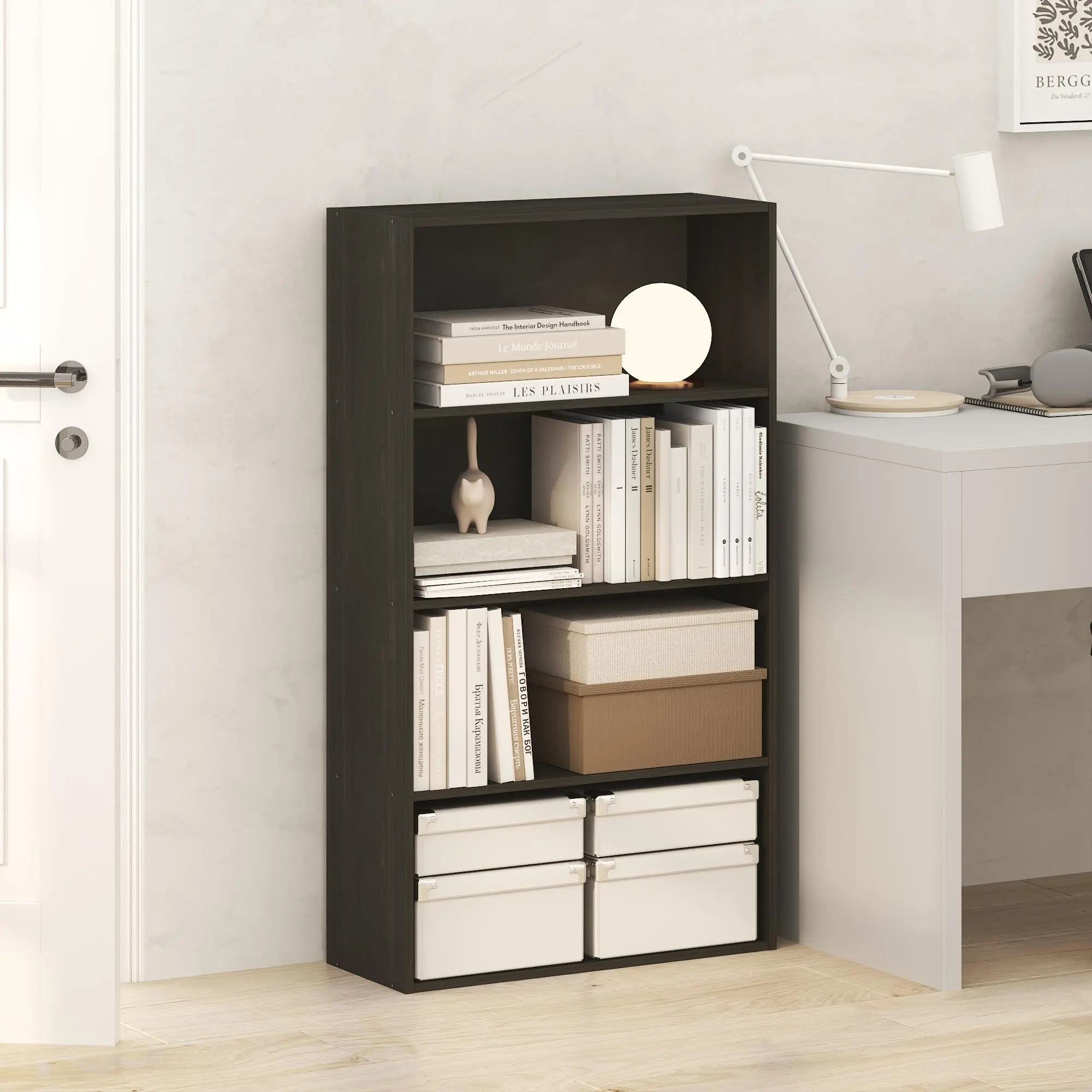 JAYA Rectangular 4-Tier Single Unit Bookshelf - 9.0x23.6x41.9in Espresso Space Saver Bookcase for Home Office, Living Room - Compact Indoor Furniture for Home Organization