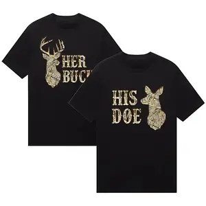 Her Buck His Doe Matching Couple Shirts, Funny Hunting Theme Tee Set, Boyfriend Girlfriend Outfit, Country Aesthetic Love Graphic, Cute Couples Gift For Men For Women