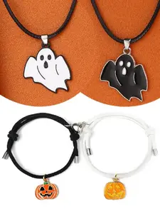 Halloween Couple Necklace and Pumpkin Bracelets Set, Handmade Braided Jewelry, Perfect for Halloween and Parties