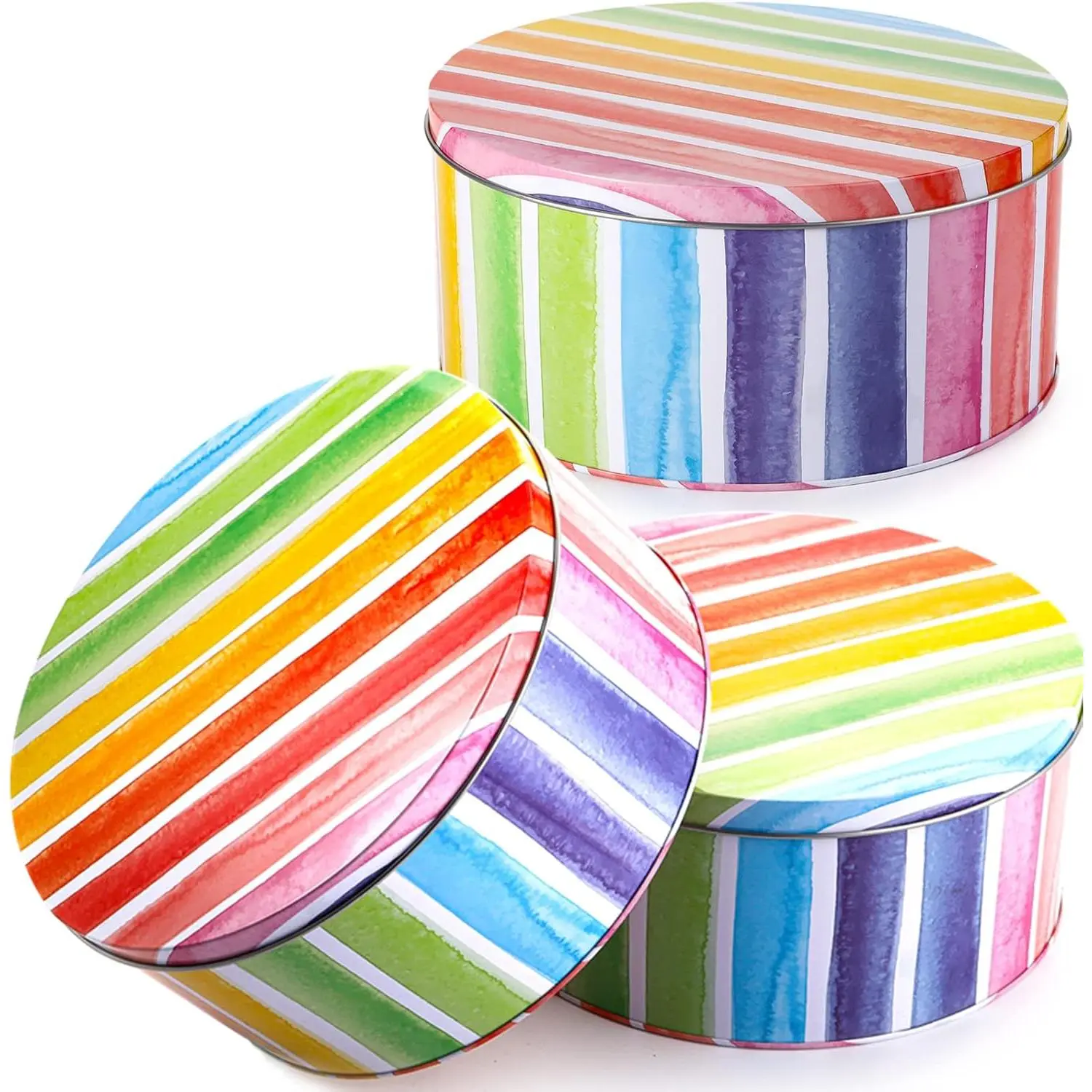 3 Pack Cookie Tins  Round Baking Cake Gift for Storing Patisseries Puff Pastries Craft Supplies Easter Special Occasion and Holidays Rainbow Pattern 7" W X 3.2" H Metal