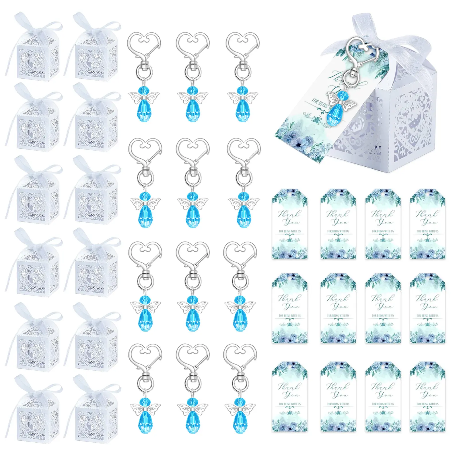 12 Sets Baby Shower Party Favors Baby Shower Angel Keychains Label Sticker Cards Organza Bags for Baptism Party(Blue/Pink)