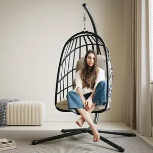 LAUSAINT HOME Hanging Egg Chair with Stand Indoor & Outdoor, Thickened Cushions & Foldable Design Rattan Swing Hammock Chair for Bedroom, Garden, Patio, 350LBS Capacity (Beige)