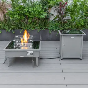 360 Stand Walbrooke Modern Aluminum Square Fire Pit with Multi-Spark Function, 20x26.8x26.8 in., Tank Holder, Side Table, Grey Outdoor Furniture