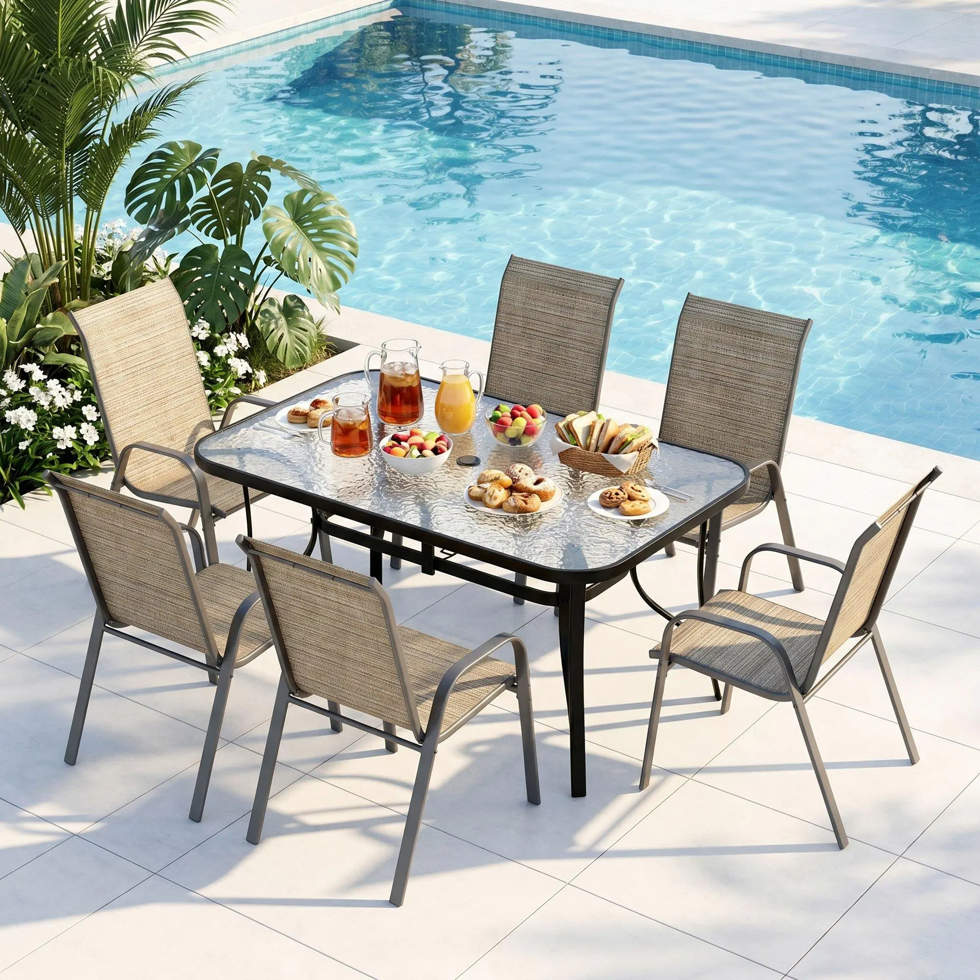 【2 Packages】MAMIZO 7-Pcs Outdoor Table and Chairs for 6, All Weather Dining Set W/Rectangle Glass Table and Patio Textilene Stackable PVC-coated Polyester Chairs, Patio Furniture Set For Garden Lawn Deck (Umbrella Not Included) soft cushion backyard decor