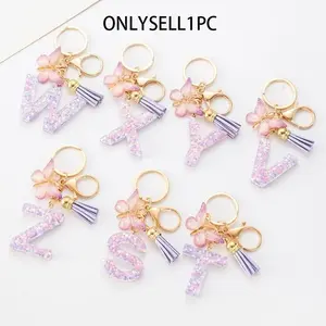 Resin Letter Keychain with Heart-Shaped & Tassel Pendants, Lobster Clasp, Valentine's Day Gift, Fashionable Alloy Keychain, Women's Keyring, Car Accessory, School Charm
