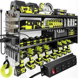 Large Power Tool Organizer Wall Mount with Charging Station,4 Layer Heavy Duty Metal Tool Storage Rack Loads 600lbs with 8 Cordless Drill Holder,Battery Utility Rack Loads with 4 Power Strip