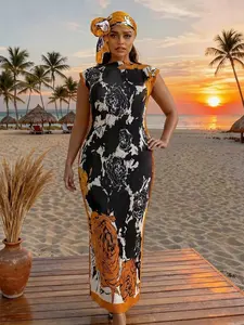 Women's Elegant Floral Print Long Dress Set, Slim-Fitting Moo Moo Robe & Scarf, Beach Sun Protection Shawl, All Seasons Fashion