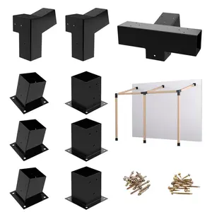 Heavy Alloy Steel 2.5mm Thick Wallmount Pergola Kit for 4"x 4" ( Actual 3.6" X 3.6" ) Lumber ,  9pcs (2pcs 3-Way15° Brackets , 1pcs 4-Way15°Brackets ,6pcs Base) Bracket Woodworks DIY,  Suitable for Backyard，Gardens，Patio and Metal Gazebo Kits