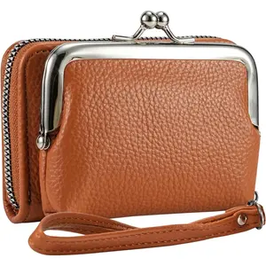 Women's Small Wallet &  Purse - 9 Slot Wristlet Wallet for Women with Wrist Strap, PU Leather Compact Card Holder Organizer with  Pockets & Zipper(Brown)