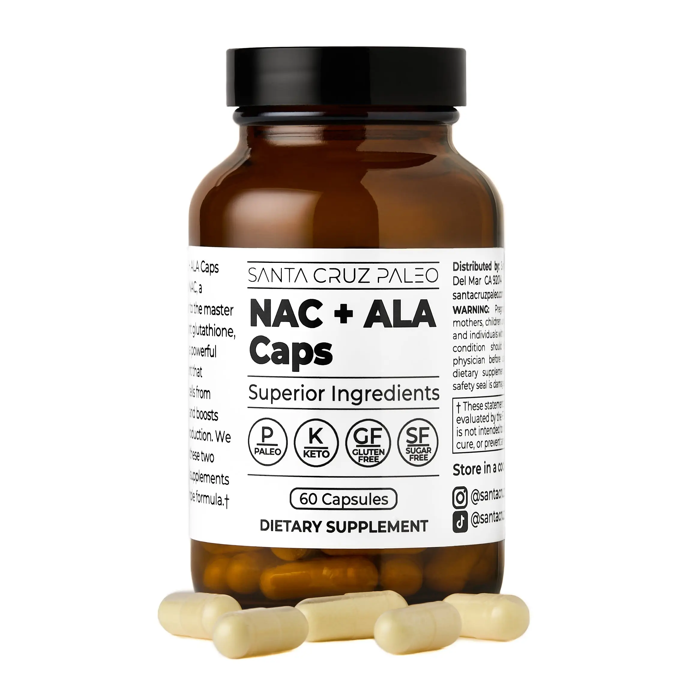 Santa Cruz Paleo NAC + ALA Caps - 60 Servings - NAC Supplement and Antioxidant Complex For Cellular Support and Nutrient Balance - Supplement for Men and Women with Alpha Lipoic Acid and N-Acetyl Cysteine - Gluten Free, Keto, Paleo