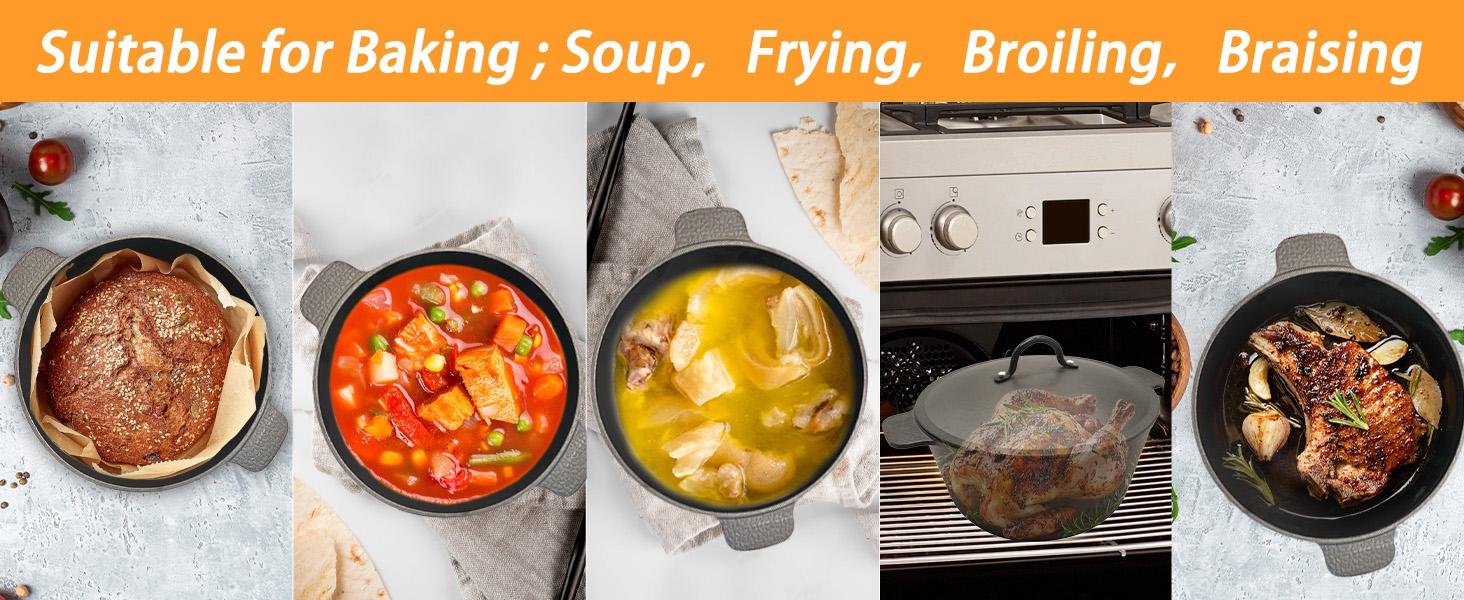 5.2QT Cast Iron Dutch Oven with Lid, Oven Safe up to 500°F, for Bread Baking, Braising, Stewing, and Roasting, Cookware Kitchen