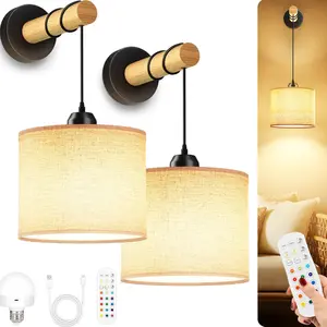 Rechargeable Battery-Powered Wall Light Set, Modern Fabric Wall Lamp with Wooden Arm and Remote Control, Adjustable Multi-Color LED Lights, Adjustable LEDs, Color Changing Light, Modern Rustic Lamps, Home Decor Lighting