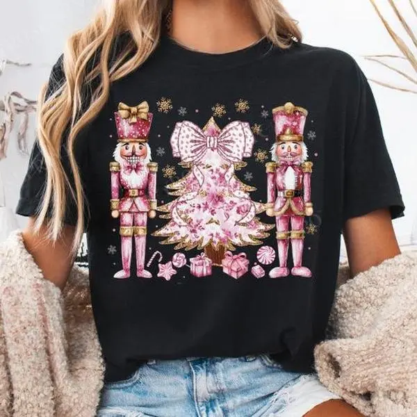 Delivered after Christmas-100% Cotton Pink Nutcracker Christmas Shirt Holiday Women's Holiday Tee, Holiday Apparel, Christmas Shirt for Women, Gift for Her