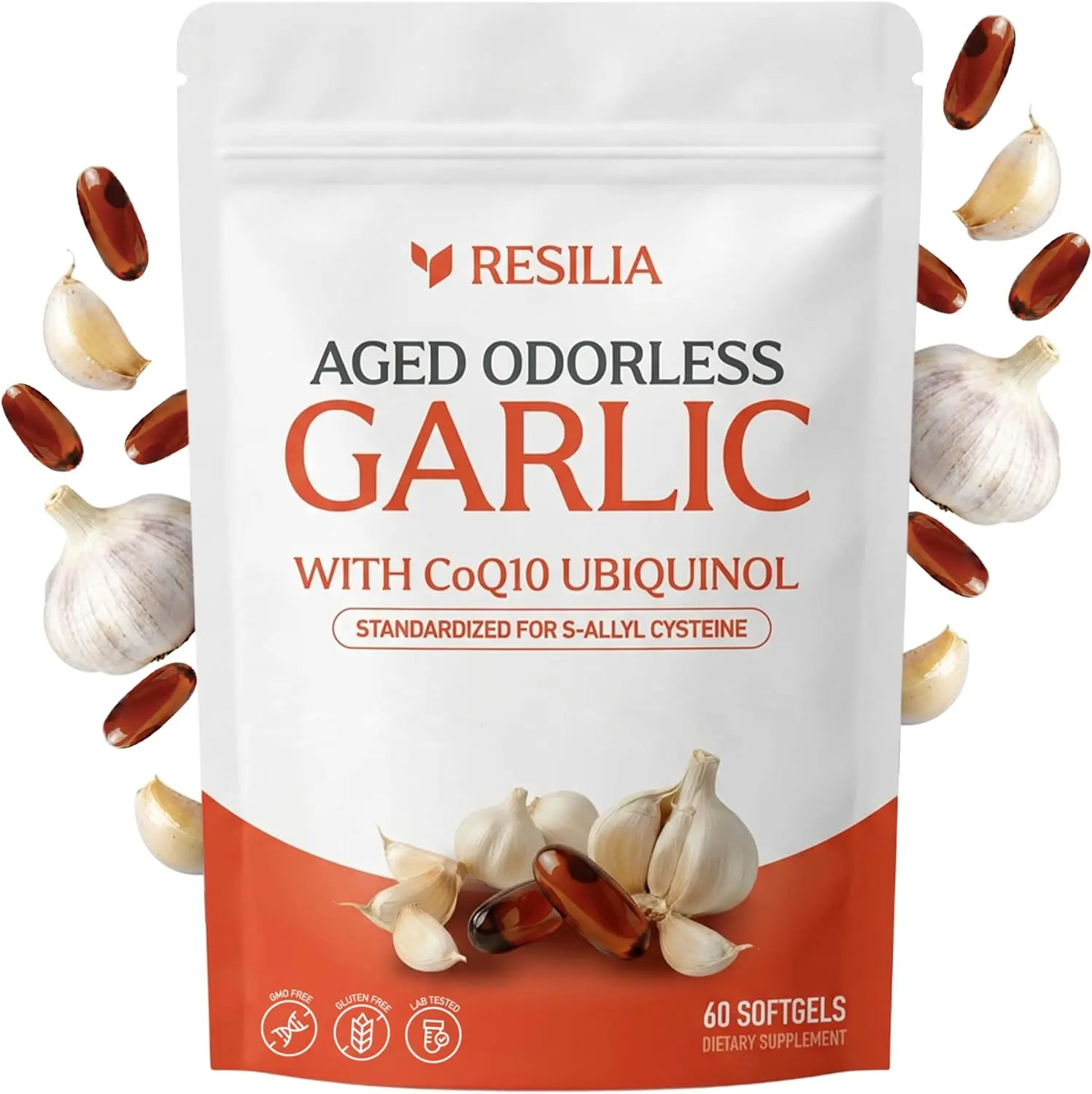 NEW 2026!!! Resilia Odorless Aged Garlic Extract Softgels (60 Count) | 600mg Aged Garlic Extract Per Serving | With CoQ10 Ubiquinol & Vitamin K2 (MK-7) | Dietary Supplement